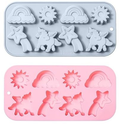Unicorn and Rainbow Silicone Chocolate Mould Set, 8 Cavity Design, Pink and Grey, 2 Pack