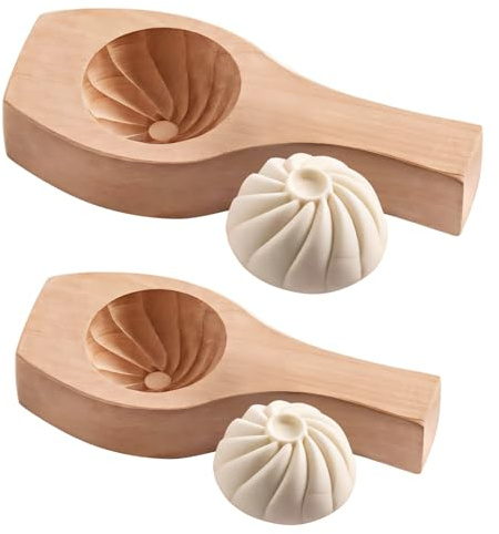 Vestamore Lot de 2 moules Bao en bois, grandes et petites presses à boulettes, outils de pâte faits à la main pour façonner des petits pains cuits à la vapeur, Xiaolongbao, ensemble de pâtisserie de