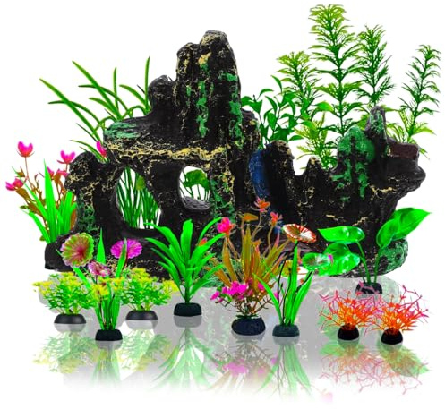 Uoxmiy 17 PCS Fish Tank Decorations Fish Tank Plants Artificial Accessories Aquarium Ornaments Green Plants Easy to Clean Aquarium Decor with Resinous Rockery