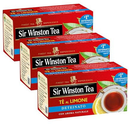 Sir Winston Tea, Tè Nero Deteinato al Limone, 60 Filtri (3 Confezioni da 20 Filtri), Gusto Delicato e Agrumato, Senza Lattosio, Glutine e Allergeni, Vegan