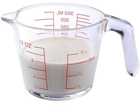 Glass Measuring Cup with Handle – 350 ml/12 oz, Heat-Resistant Borosilicate Glass – red Markings, Microwave, Dishwasher, and Refrigerator Safe. A Kitchen Essential for Cooking and Baking.
