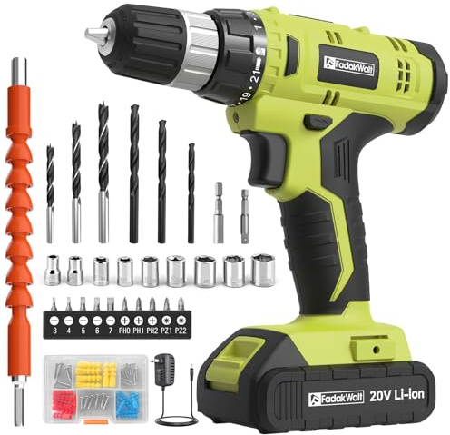 FADAKWALT Taladro Percutor a Bateria 20V, Taladro Atornillador Kit de 60 Piezas, 21+1 Ajustes de Par, 30 Nm, Batería 2000mAh, 2 Velocidades, LED, Para bricolaje y reparaciones domésticas (Verde)