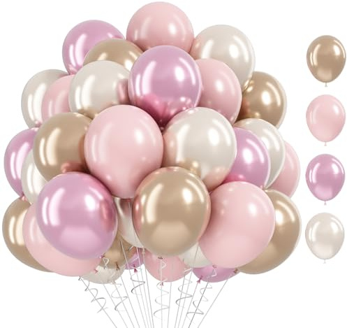 Luftballons Rosa Weiß, 60 Stück Rosa Weiß Gold Helium Ballons, 12 Zoll Rosas Weißes Latex Ballons Metallic Rosas Champagner Gold Luftballon für Geburtstag Hochzeit Verlobung Abschluss Babyparty