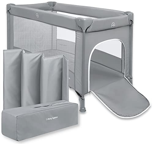 Moby-System Baby Reisebett 128x68 cm – faltbares Kinderreisebett mit Matratze & Tragetasche – Laufstall mit Seitenausgang – für Babys bis 15 kg - Grau
