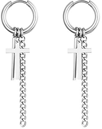 Flongo Damen Kreuz Ohrringe Herren Ohrstecker aus Edelstahl Gestüt Stecker Creolen Huggie Ohrhänger Silber Gold Schwarz mit hängend Kette Anhänger Gotik Frauen Männer