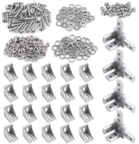 Glarks 216Pcs 3030 Series Aluminum Profile Connector Set Include 20Pcs 3030 Corner Bracket, 40Pcs M6 T Nuts, 4Pcs 3-Way End Corner Bracket Connector, M5 x 20 Button Head Screw Bolts and Flat Washers