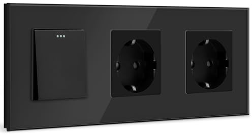 BSSED Lichtschalter mit Doppelt Steckdose 1 Fach 1 Weg,10A Kristall Glas Platte Wandschalter mit 16A Schuko Steckdose Schwarz, Physische Taste Schalter mit Steckdose- 228mm