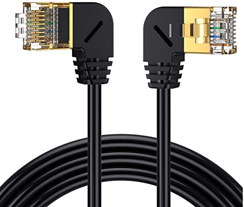 AWADUO Cat 8 Ethernet-Kabel für den Innen- und Außenbereich, Netzwerk-LAN-Patchkabel, rechtwinkliger Stecker auf linken Winkelstecker, Hochgeschwindigkeits-RJ45-Flachkabel, OD3,8 mm (R M auf L M)