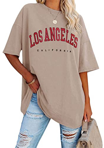 Tomwell T-Shirt Oversize à Col Rond pour Femme Manche Courte Lettres LA Haut D'été Décontracté Chemise à Manches Courtes Lettres Créatives Blouse Sport Lâches Top Tunique A Kaki XXL