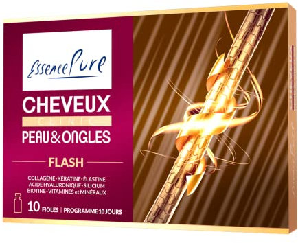 Cheveux, Peau et Ongles Essence Pure Flash | Collagène hydrolysé, acide hyaluronique, silicium, kératine et élastine | Advanced Nutricosmetics | 10 ampoules buvables Api-Nature