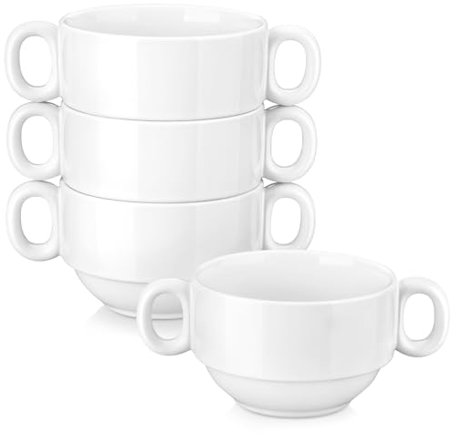 LOVECASA Tazones de Consomã y Cereales 590 ml con 2 Asas, Soperas Pequeña de Porcelana, Juego de 4 Cuencos para Ensalada de Frutas con Yogur, Aptos para Microondas y Lavavajillas, 12 x 8 cm, Blanco