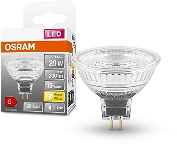 OSRAM LED SPOT MR16 GL 20 - Bombilla reflectora LED de bajo voltaje, casquillo GU5, 3, 2,6 W, 200 lm, 2700 K, luz blanca cálida, muy bajo consumo de energía, larga vida útil, sin tiempo de