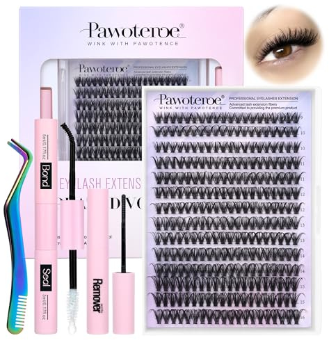 Kit de pestañas en racimo individuales, 280 unidades, kit de extensión de pestañas, racimo individual de 9 a 16 mm, kit de extensión de pestañas con unión y sello, eliminador, pinzas para uso propio