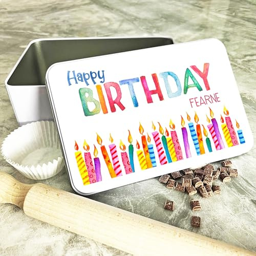 Happy Birthday Candles Rectangle Personalised Cake Tin Personalised Gift | Custom Gift | Personalized Tin | Cake, Biscuit & Treat Tins | Gift For Her | Gift For Him