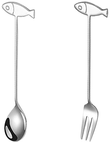 Ice Cream Spoons/Fork Set of 2 Stainless Steel Latte Spoons for Latte Coffee Hot Chocolate Hot Drinks 5.2 Cat&Fish Shape (Silver Fish)