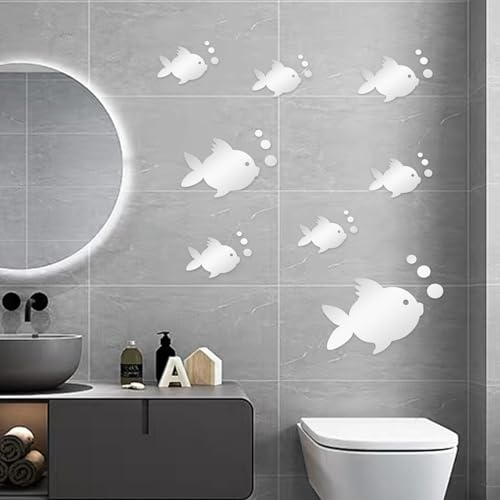 AINIUNIU 3D-Wandaufkleber Acryl Fische und Bubbles Mode Spiegel Wandaufkleber, Tierische Wandtattoos Tropische Fische für Wohnzimmer Schlafzimmer Badezimmer Dekoration (Silber)