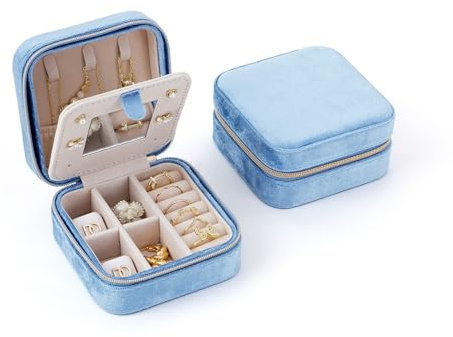 CASEGRACE Reise-Schmuckkästchen, Plüsch-Samt-Schmuckschatulle, kleiner Schmuck-Reise-Organizer, Präsentation, Ringe, Halsketten, Armbänder, Ohrringe, Aufbewahrungsbox für Damen, Hellblau