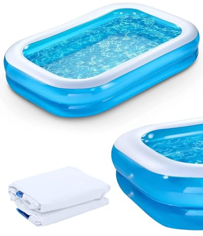 Enkifun Aufblasbarer Pool, blau, rechteckig, Deluxe, aufblasbar, für Kinder, für Erwachsene und Kinder, groß, für Hinterhof, Garten, Balkon, 200 x 150 x 50 cm