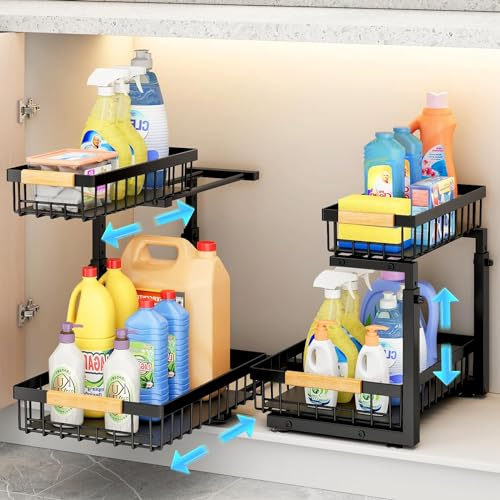 Kitstorack Metal 2 Paquete Organizador Fregadero, 2 Niveles Organizador Extraíble Estante Almacenamiento Debajo Fregadero para Cocina, Baño, Negro