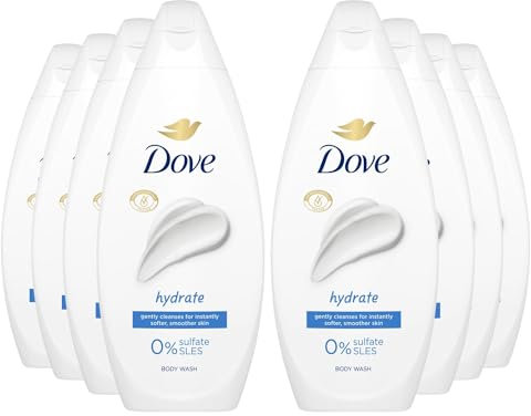 Dove Body Wash 0% Sulfate SLES for Women Made with Naturally Derived Cleansers and Plant Based Moisturiseres Gently Cleanses for Softer and Smoother Skin, 225ml (8 Pack, Hydrate)