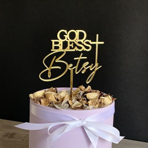 God Bless Cake Topper, Gott segne Kuchen Topper für die Taufe mit Kreuz, Zur Kommunion, personalisiert mit Namen und Kreuz, Erste Heilige Kommunion, First Holy Communion, Erstkommunion (Design 4)