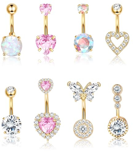 Dochais Pink Heart Belly Button Ring Piercing 8Pcs 14G Surgical Stainless Steel Navel Piercing Jewelry Hypoallergenic Cute Opal Butterfly Belly Button Rings for Women Gold