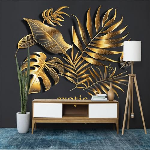 Papel pintado fotográfico negro con hojas de palma doradas tropicales, 350 x 256 cm (ancho x alto) para sala de estar, dormitorio, oficina y habitación de los niños, fácil de instalar