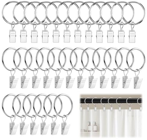 ALLisWE 30 Pezzi Anelli per Tende Con Clips Ganci 32mm Metallo Tenda Anelli Con Pinze Anello Gancetti e Chiudere per Tenda Anello Tenda Con Clip Adatti per Tende da Sole Esterno e Tende Da Doccia