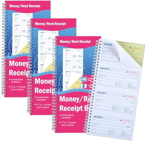 gisgfim 4 Pads Money and Rent Receipt Book with Spiral Bound Rent Receipt Book with 2 Part Carbonless Copies 5-1/4 x 11 Inch Cash Receipt Book Business Money Petty Cash Receipt Book 200 Sets Per Book