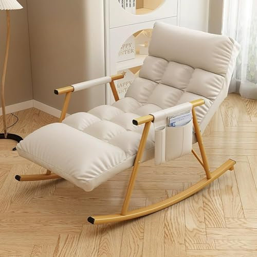 SZITW Freizeit-Schaukelstuhl- und Fußhocker-Set, moderner Schlafzimmer-Schaukelstuhl mit Kissen, Bequeme Wohnzimmer-Sofa-Liege, Garten-Loungesessel mit Armlehnen, atmungsaktiver Camping-Schaukelst