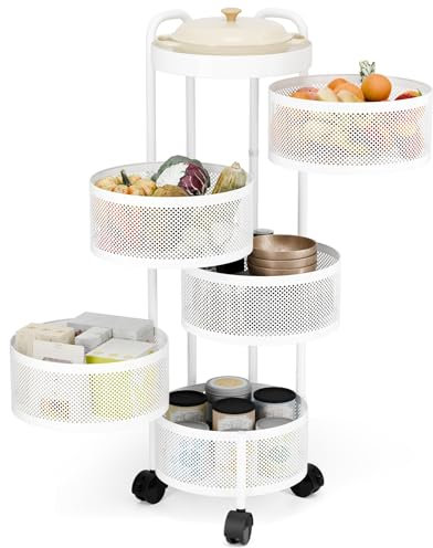 qajexluz Étagère de rangement rotative de cuisine, panier de rangement rond en métal à 5 niveaux, organisateur de tour rotatif avec roulettes pour fruits et légumes, blanc