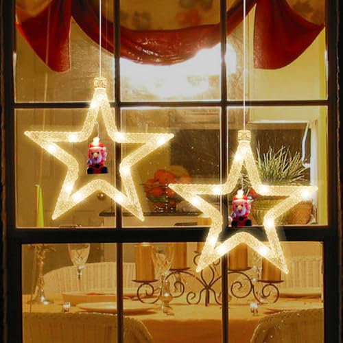 Jsdoin 2 Stück LED Sterne Weihnachtsbeleuchtung Innen, Warmweiß Batteriebetrieben mit Minuteur Weihnachtsdeko Fenster Suspendu Lumière ür Weihnachten, Schaufenster Tür Party Innen Dekoration