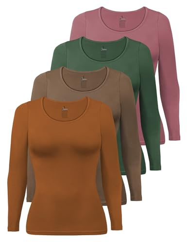 ALPIDEX Damen Langarmshirt 4er Set Basic Oberteil Einfarbig Frauen Stretch Shirt Unterhemd Untershirt Longsleeve Baumwolle Rundhals, Größe:XXL, Farbe:Earth