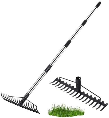 Heavy Duty Garden Rake, with Stainless Steel Handle 17 Steel Tines Metal Head Rake Tool for Loosening Soil Gathering Leaf Leveling Lawn Farming Bow Rake Land Thatch Rake
