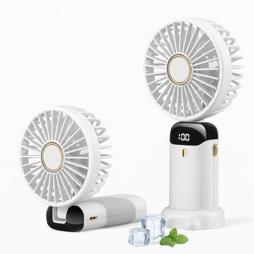Générique Ventilateur USB Blanc Rechargeable Portable, LUMEYA Mini Ventilateur de Bureau à Main, 5 Vitesses avec Base, Affichage LED, Silencieux, Pliable, (Blanc)