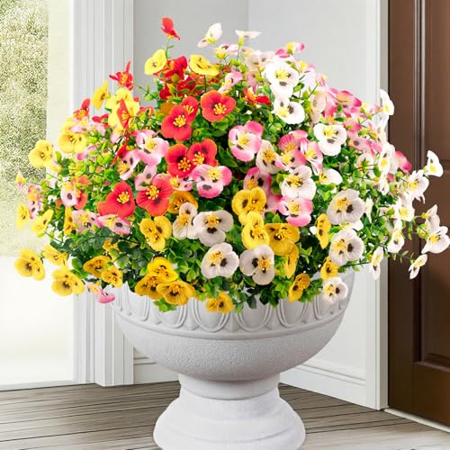 WOHSEROM UV Resistant Artificial Pansy Flowers, 12 Bundles Outdoor Fake Silk Pansies Flowers with Eucalyptus Leaves for Garden,Window Box,Planter,Wedding(Sunset Red, White, Pink, Yellow)