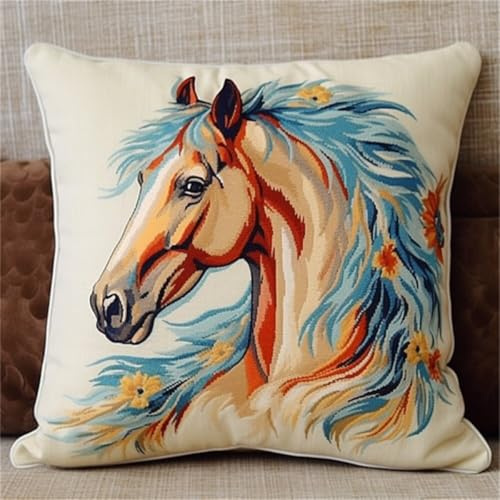 Kitquiver Knüpfkissen Mit Vordruck Pferd Tier Diy-Knüpfhäkel-Sets,Kissen,Nadelspitzen-Set Für Heimdekoration,Handarbeitsset Für Erwachsene Und Anfänger 17x17In
