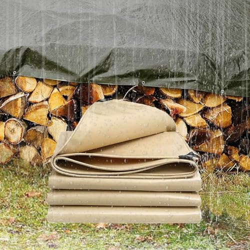 Moubhjd Waterproof Tarpaulin Cover Sheet 400GSM, Heavy Duty, Mould-Resistant, Easy to Wash - PVC Material, Reinforced Edges with Metal Eyelets(Size:7x8m,Color:Beige)