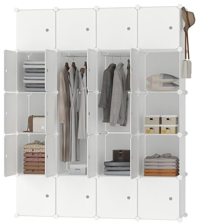 HENGMEI Kleiderschrank DIY Regalsystem Aufbewahrung Schrank, PP-Kunststoff mit Tür Garderobenschrank, Wasser und Staubdicht für Schlafzimmer Badezimmer (20 Boxen, Weiß)