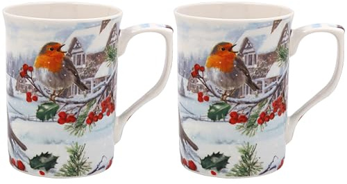 The Leonardo Collection Christmas Robins Mugs Set Of 2 for Hot Drinks | Reusable Fine China Coffee Cups for Kitchen & Home | Printed Tea Mugs for Every Occasion | Durable Cup for All Type of Beverages