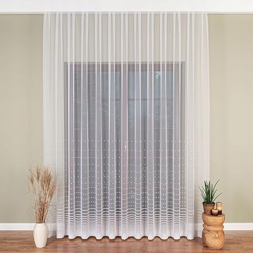 Gardinen Vorhangen Tenda Bianca 300x250 cm (LxA) Henriette Jacquard con Motivo a Righe Tendaggio Moderno con Nastro Arricciato per Soggiorno