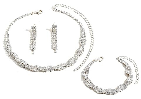 Dishowme Kristall Hochzeit Halskette Ohrringe Sets Braut Strass Twisted Armband Kragen Halskette Kette Schmuck für Damen Frauen (Silber)