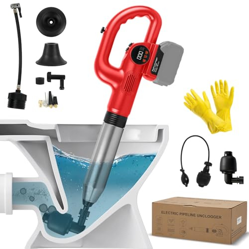 Cordless Drain Plunger Compatible with Milwaukee 18V Battery (NO Battery) | 120W Electric Toilet Plunger, with 4 Heads, Pressure Display, Max. Pressure 8 Bar, Drain Auger, for Toilets, Sink, Bathtub