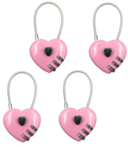 Zahlenschloss mit Code, 3-stelliges Liebes-Herzschloss, Rosa, 4 Stück | Niedliches Mini-Schloss für Reisegepäck, kleines Kombinationsschloss mit Stahlkabel für Koffer, Rucksack, Fitnessstudio