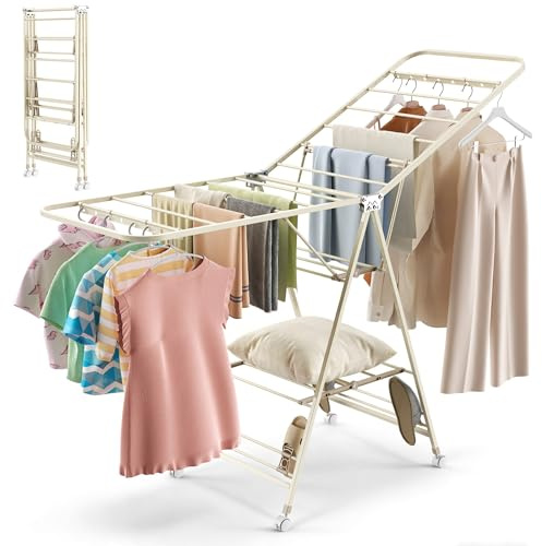 JoyCushy Clothes Airer Heavy Duty, Clothes Drying Rack Winged 3 Tier with 23 Bars & 4 Castor Wheels Dryer Heavy Duty, Large Clothes Adjustable Height for Outdoor, Indoor