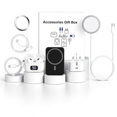 6-in-1 Mobile Charging Kit Gift Box – Portable Power Bank, Wireless Earbuds, Magnetic Charger Compatible with iPhone, USB-C Cable & Fast Wall Adapter – All-in-One Phone Accessories Set (White)