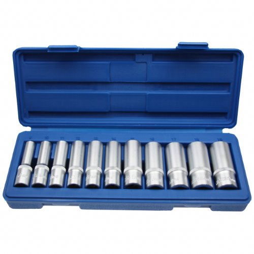 Alkan 3/8 Stecknuss Satz 8-19 mm 11-tlg lang CV-Stahl Nusskasten | Lange Steckschlüsseleinsätze 3/8 aus Chrom-Vanadium-Stahl, Größen 8-19 mm, inkl. robuster Kunststoffbox