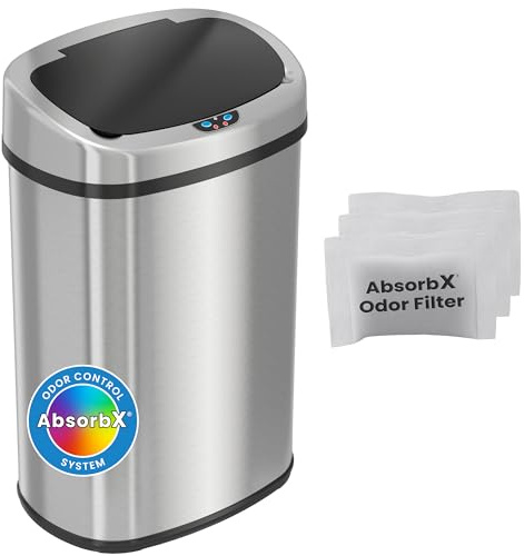 iTouchless Automatic Oval Trash Can with 3 Odor Filters, Big Lid Opening Touchless Sensor Kitchen Trash Bin, 13 Gallon, Stainless Steel