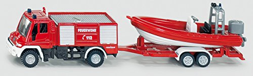 siku 1636001, Französischer Feuerwehr Unimog mit Boot, 1:87, Frankreich, Metall/Kunststoff, Rot, Französische Aufschrift Pompiers, Schwimmfähiges Boot
