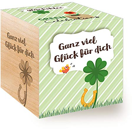 Feel Green 296688 Celebrations Ecocube, Glücksklee, Holzwürfel Mit Lasergravur «Ganz Viel Glück Für Dich», Nachhaltige Geschenkidee, Anzuchtset, Made in Austria, natural